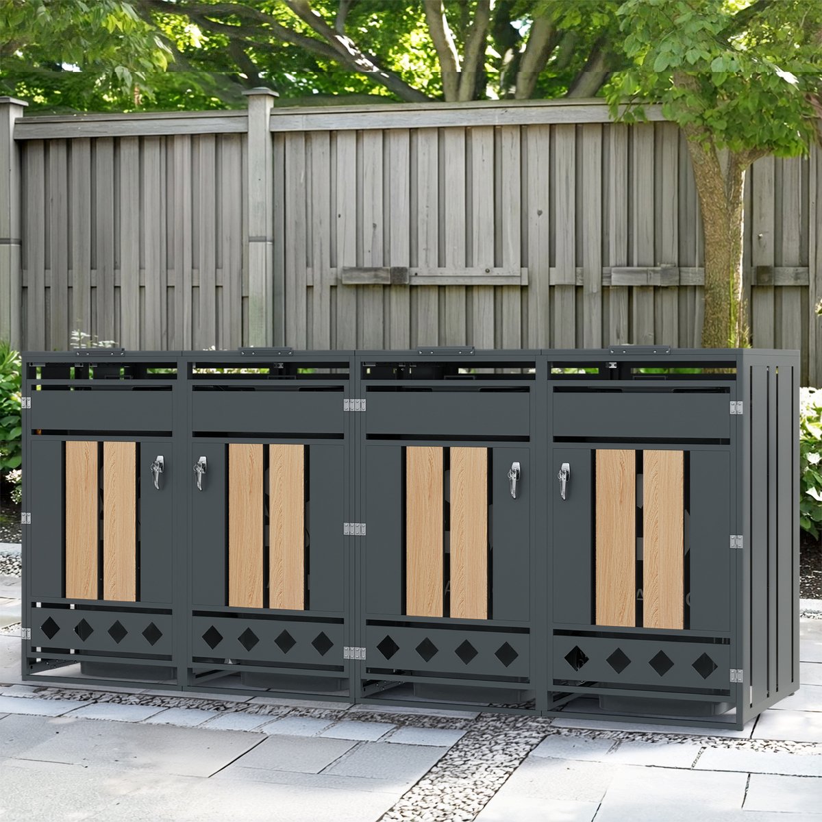 HAUSS SPOLE Afvalcontainer Ombouw - Hydraulische Klapdeksel En 4 Afsluitbare Deuren - Voor Tuin, Oprit En Binnenhof - Staal - Grijs Hout