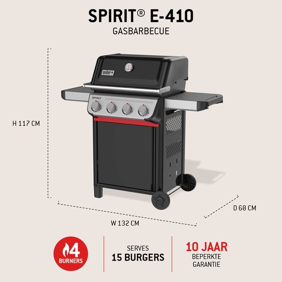 Weber Spirit E-410 - Gasbarbecue - Zwart - 4 Branders met 8,2 kW vermogen - Porselein geëmailleerde gietijzeren grillrooster - 2 Zijtafels - 2 Duurzame wielen - Kast met deur