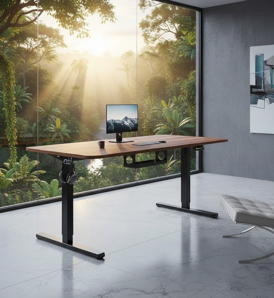 Elektrisch verstelbaar bureauframe met behuizing, botsingsbescherming en kabelgoot – Casa Serena – verstelbaar tafelframe voor thuiswerk, afdak en gaming, hoogte 71-118 cm, breedte 100-180 cm, modern design
