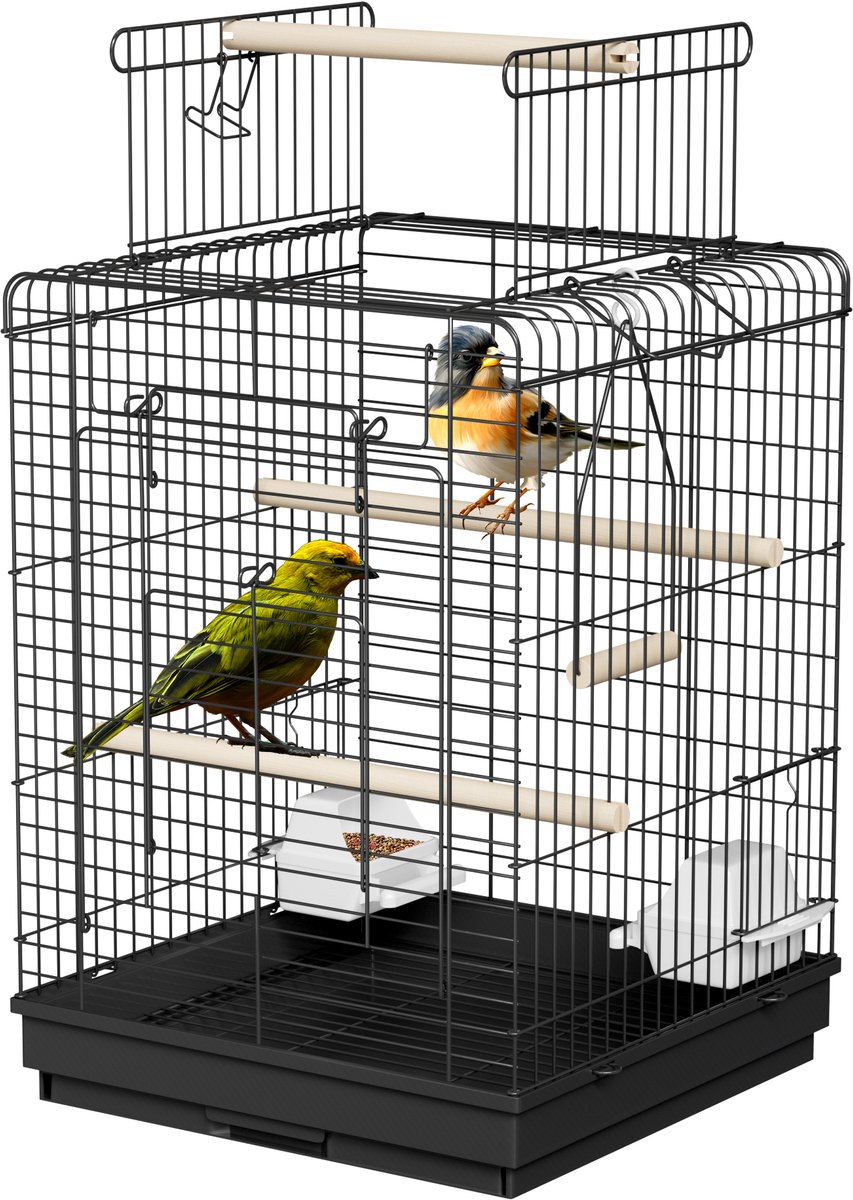 Metalen vogelkooien 40x40cm, parkietenkooi met zitstok, houten standaard, valkparkietenkooi, draagbare volière met dakraam, deur, voederbak en uitneembare lade voor siervogels NAIZY