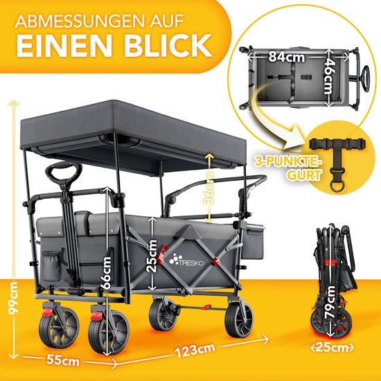 TRESKO® Opvouwbare bolderkar met dak, koelvak en zijrolgordijnen | Handwagen maximaal belastbaar tot 150 kg | Transportwagen met massief rubberen banden en vastzetrem (voor en achter) en 3-punts — afbeelding 2