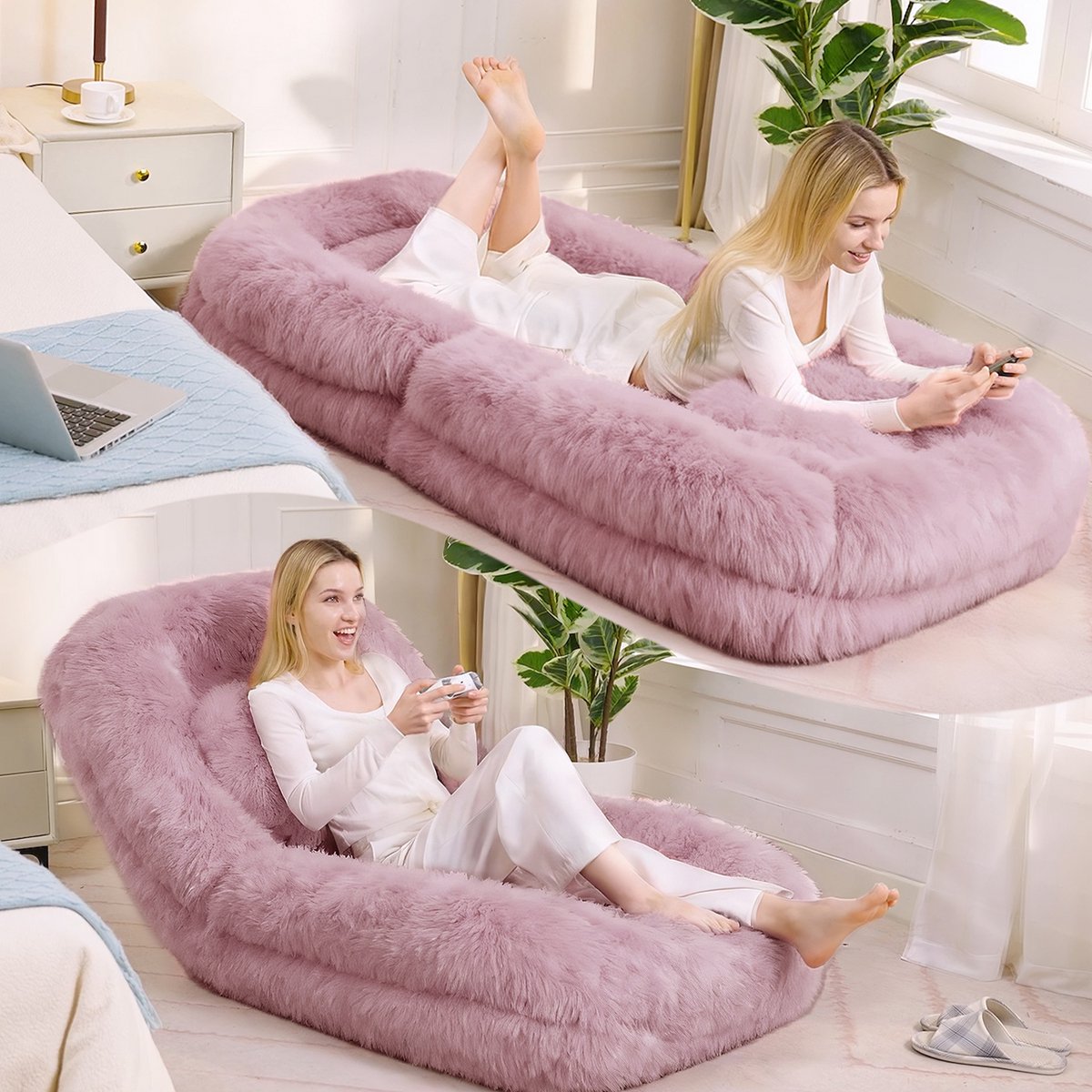 Luie Bank, Menselijk Hondenbed, 5-laags Verstelbare Gamingstoel op de vloer, Woonkamer, Geschikt voor Gaming, Meditatie, Ontspanning, Pluche Stof, Roze
