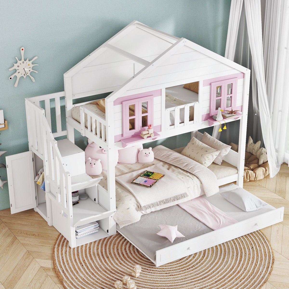 HAUSS SPOLE Stapelbed 90x200 Cm - Met Uitschuifbed En Trapkast Met Opbergruimte - Met Kledinghangruimte - Met Dak En Ramen - Zonder Matras - Hout En MDF - Wit Roze