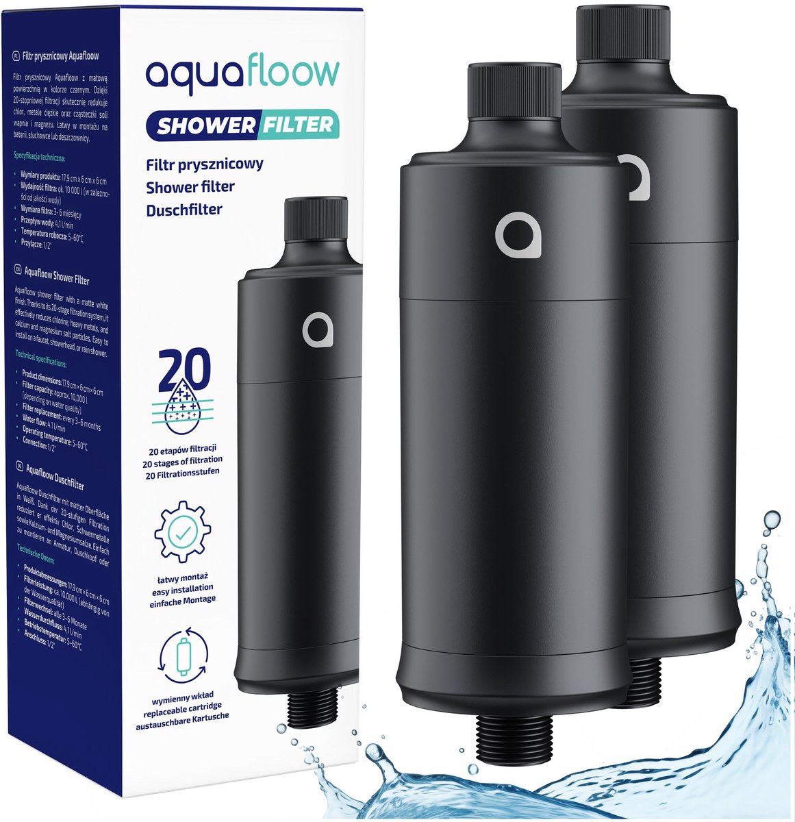 Aquafloow 2x Douchefilter – 20 Lagen Waterfilter voor Douchekop – Verwijdert Zware Metalen, Chloor en Antikalk – Verbeterde Waterkwaliteit – Matzwart