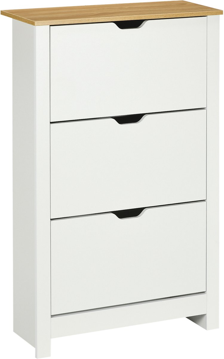 DENMOSTY Schoenenkast Schoenenkipper - 3 Kleppen - Voor Tot 18 Paar Schoenen - Ruimtebesparend - Met Grote Bovenplank - Voor Hal & Entree - 72 × 26 × 112 cm - Wit & Naturel