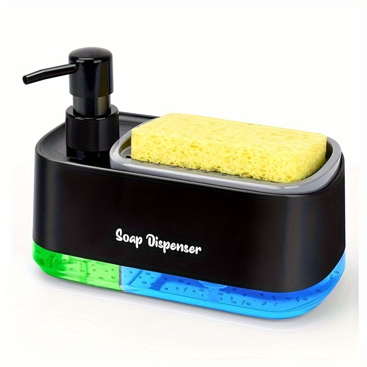 Zwarte Zeepdispenser met Sponshouder – 3-in-1 Afwasmiddel Dispenser – Keuken Organizer – Navulbaar