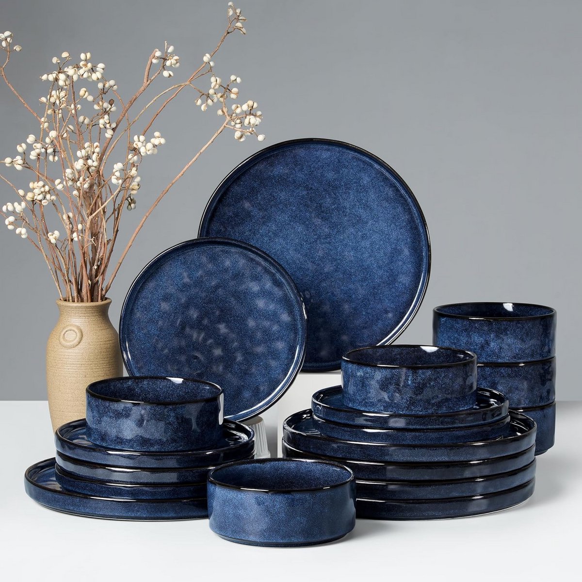 18-delige Aardewerk Serviesset voor 6 Personen - Duurzaam & Magnetronbestendig Servies in Sterrenblauw