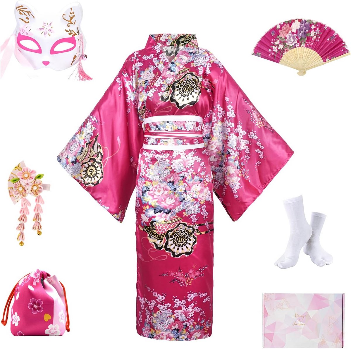 8-Delige Japanse Kimono Yukata Set voor Dames met Accessoires