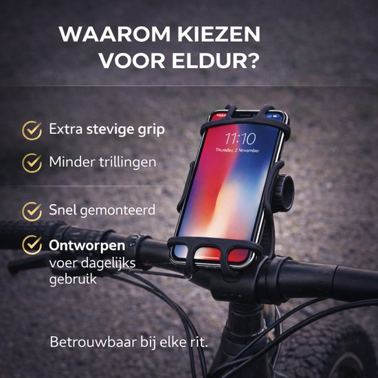 Zwarte Eldur telefoonhouder op een fietsstuur met tekst 'WAAROM KIEZEN VOOR ELDUR?' en voordelen.