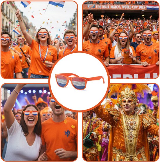 Collage van feestende mensen met oranje accessoires, waaronder zonnebrillen met Nederlandse vlag.