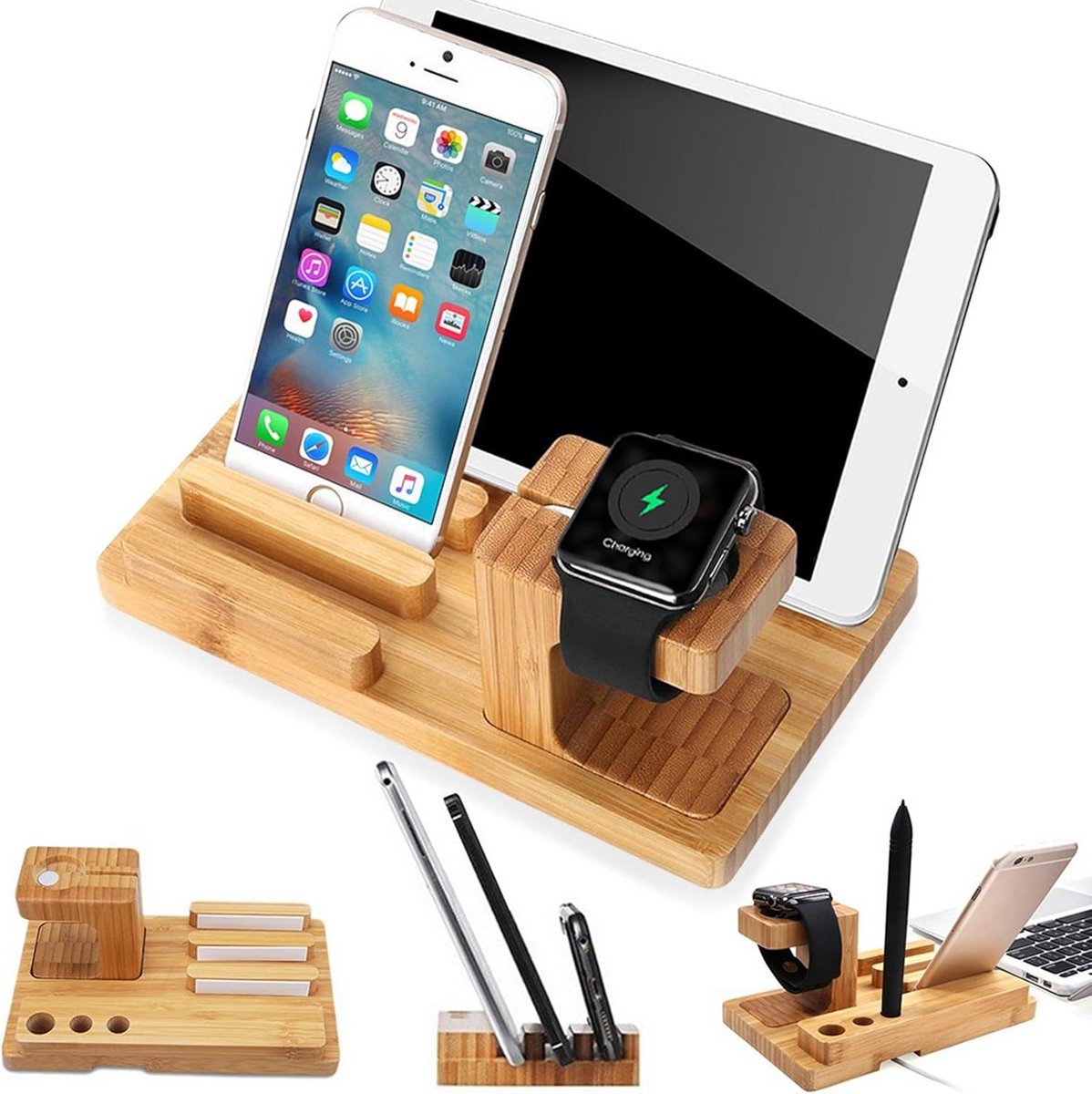 3-in-1 Oplaadstation van Bamboe voor Telefoon, Tablet en Smartwatch