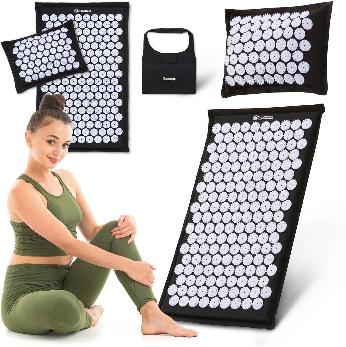HyperMotion ECO Acupressuurmat - Spijkermat met Spijkerkussen - met Kokosvezel en Boekweitkussen – 68 cm – Zwart/Wit