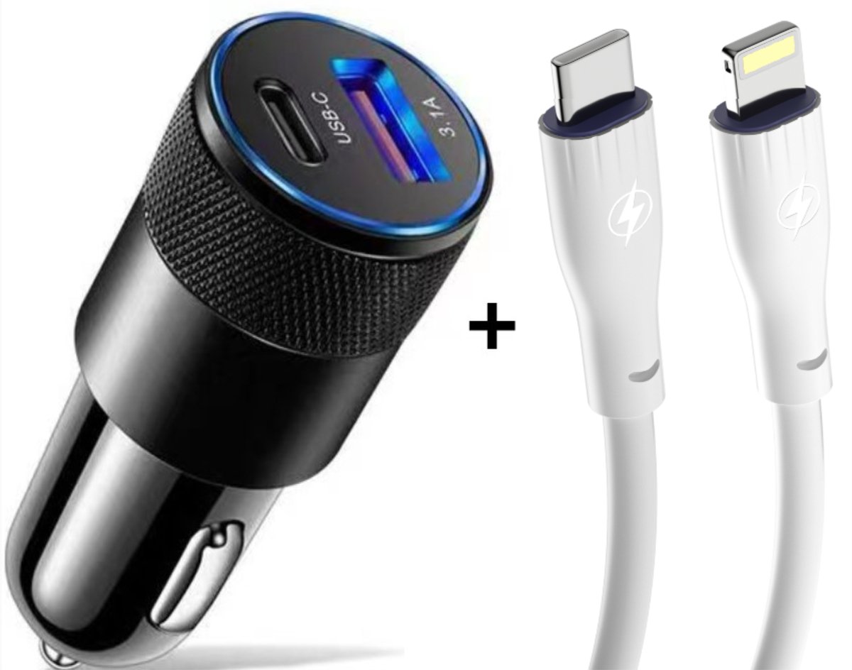 Autolader - USB-C + USB-A - Inclusief USB-C naar 8-Pin Kabel 1m - Snellader - Zwart