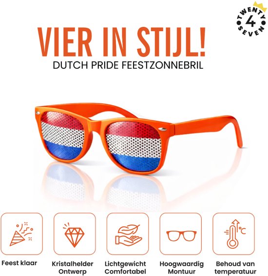 Oranje zonnebril met Nederlandse vlagprint op de glazen. Iconen voor feest, kristalhelder, lichtgewicht, hoogwaardig en temperatuur.