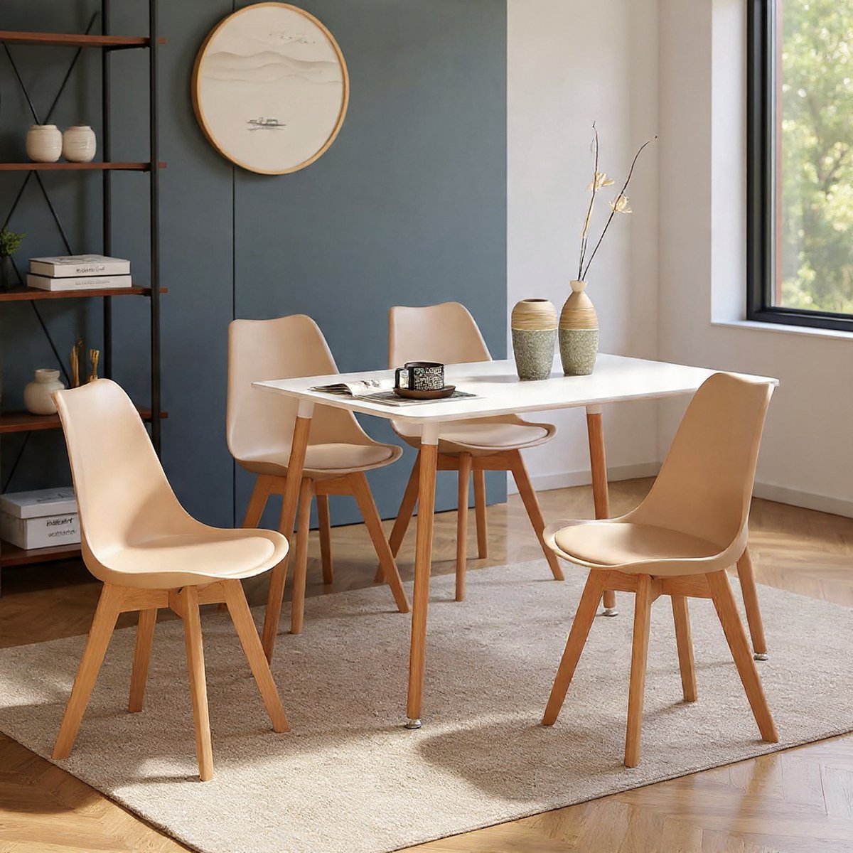 EGGREE Set van 4 Scandinavische eetkamerstoelen, SGS-getest, gestoffeerde keukenstoelen, retro bureaustoelen met massief beukenhouten poten, licht kaki - Casa Serena
