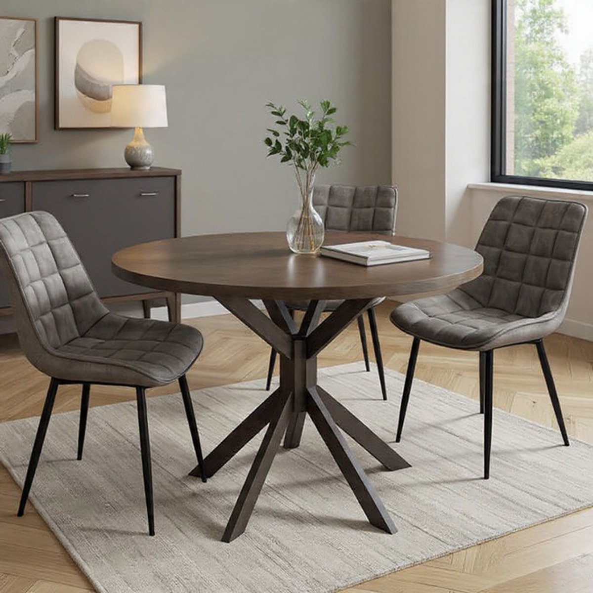 Ronde eettafel Jaspero - 110 cm - Betoneffect Tafelblad - Spinnenvoet Onderstel - Antracietgrijs - Moderne design eettafel voor 6 personen - Woonkamer & Keuken-Casa Serena – 110 cm – Casa Dorada