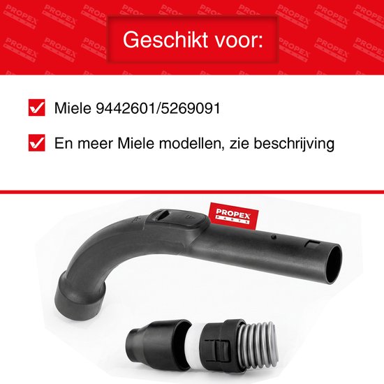 Zwarte gebogen stofzuigerbuis met een losse verbindingsstuk, met "PropEx PARTS" logo.