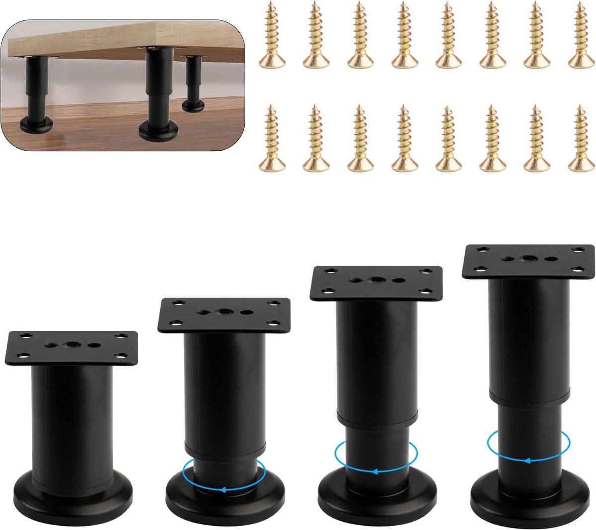 Meubelpoten - bankpoten - stoelpoten - meubelpoten set van 4 - meubelpoten zwart - Tafelpoten van Metaal - 18 to 30cm - Inclusief 16 schroeven - van Imperatoris