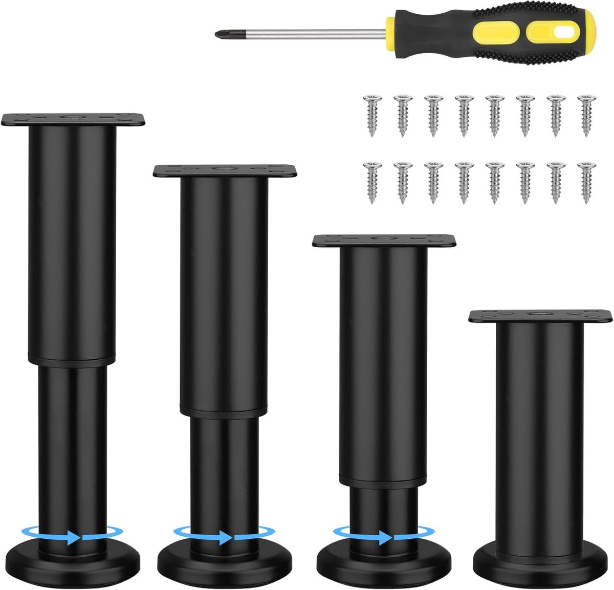 Meubelpoten - bankpoten - stoelpoten - meubelpoten set van 4 - meubelpoten zwart - Tafelpoten van Gelegeerd staal - 12 to18cm - Inclusief 16 schroeven - van Imperatoris