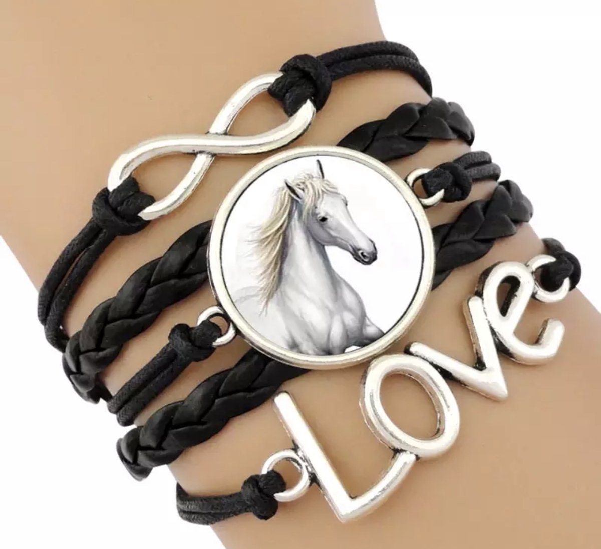 12Getit Armbandje Zwart met paarden (Horses) hangertje.