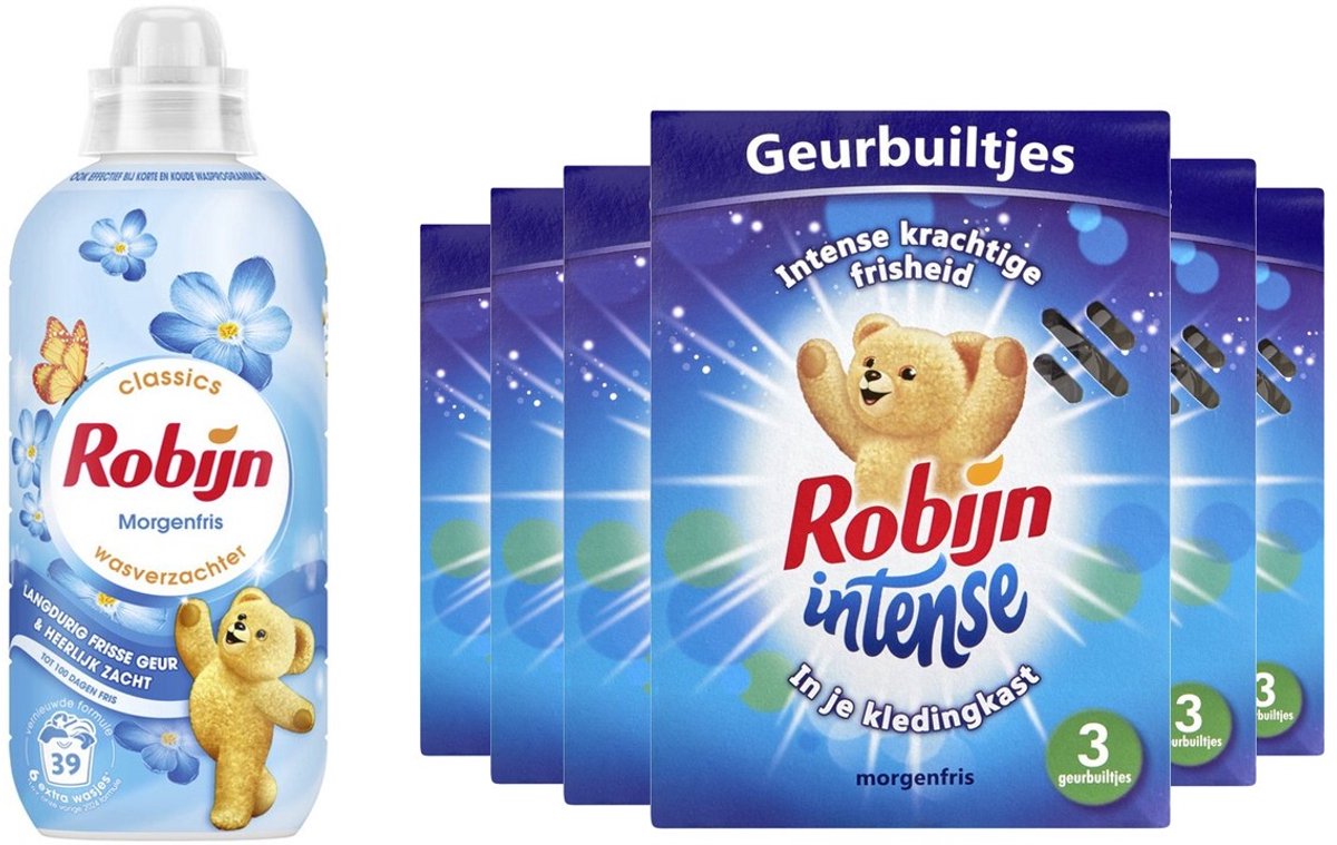 Robijn Set 6x Geurbuiltjes Intense Morgenfris met 1 fles Robijn Morgenfris wasverzachter