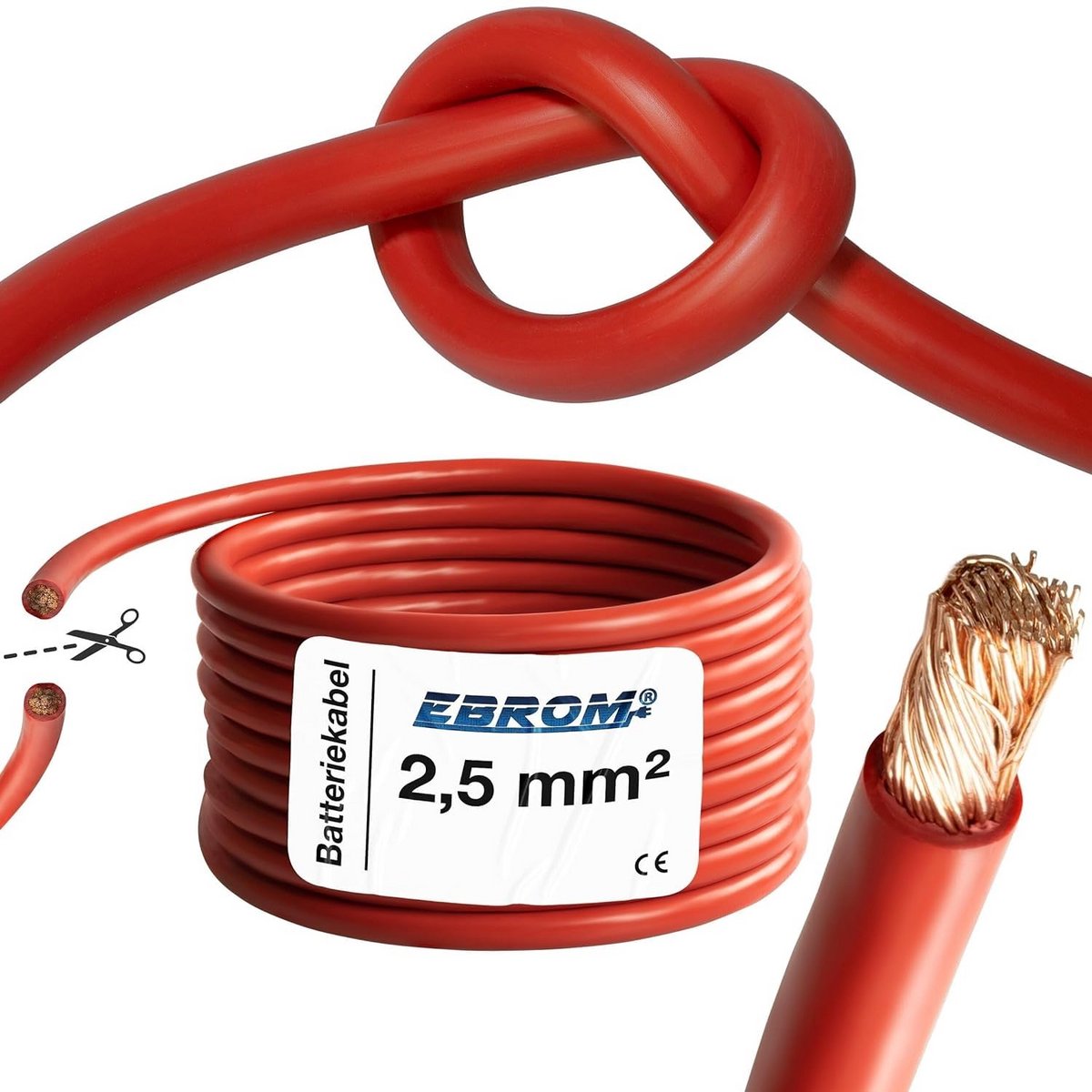 Zeer flexibele accukabel 2,5 mm² per meter in rood met OFC koper