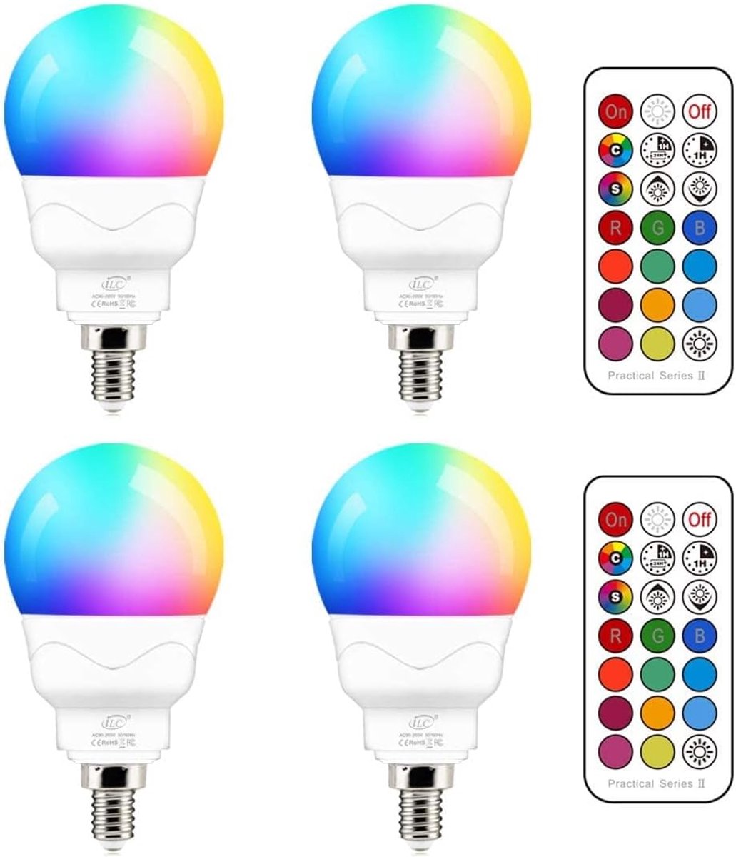 iFoulki Set van 4 E14 LED-lampjes, 5W, RGB-kleurverandering, equivalent aan een 40W gloeilamp, 2700K, warm wit 2700K, kleine Edison-schroefdraad, golfbougielampjes met
