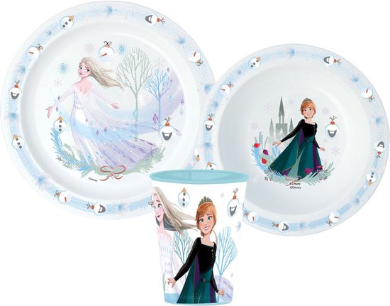 Disney Frozen Serviesset - Beker 260 ml - Diepe kom - Plat bord - 3 stuks - Voor verjaardagen en feestjes - Antislip - Journey - Voor kinderen - Voor meisjes