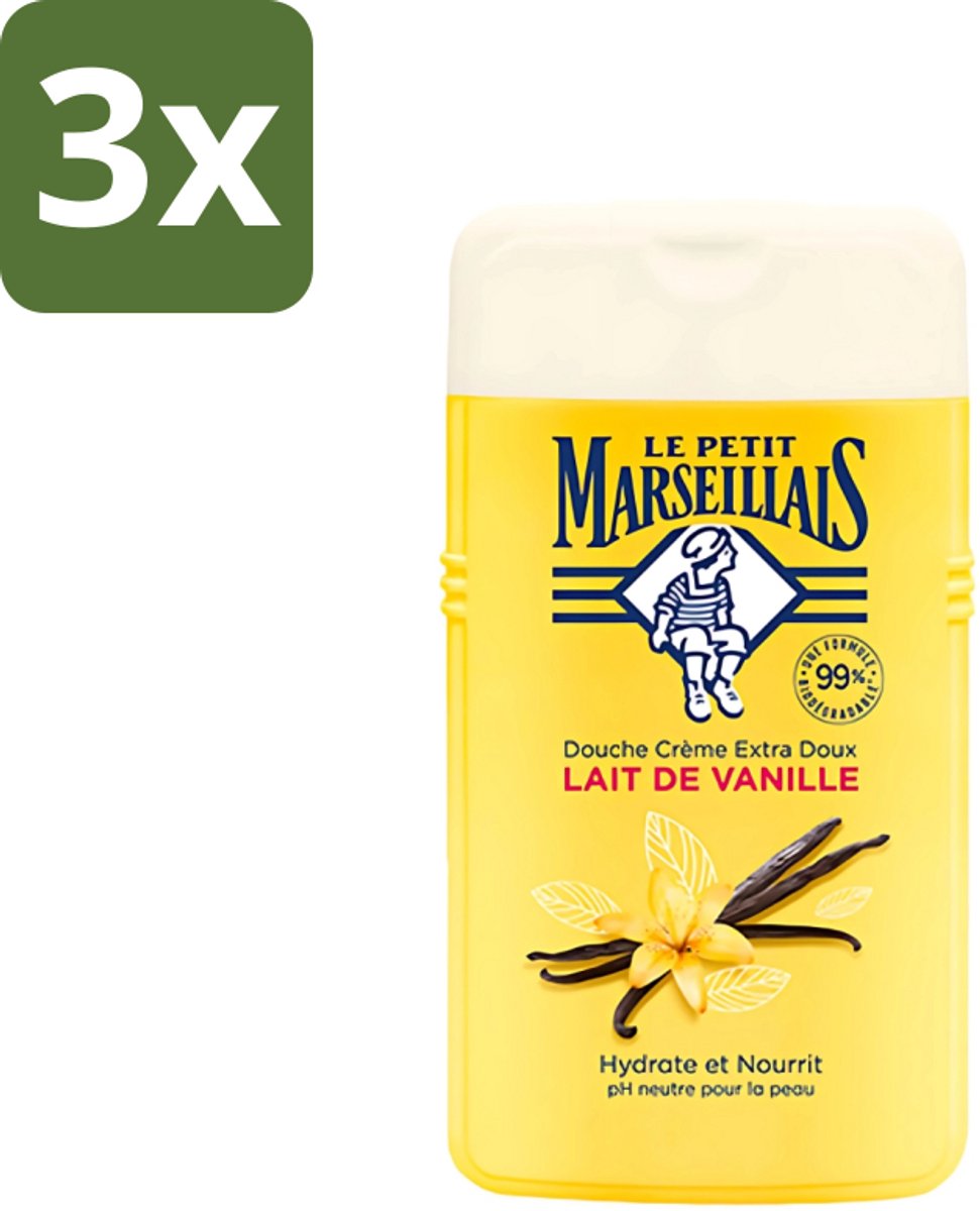 3 x Le Petit Marseillais - Douchecrème - Vanillemelk - Hydraterend - 250ml - Douchecrème - Vanillemelk - Hydraterend - Huidverzorging - Natuurlijke Crème