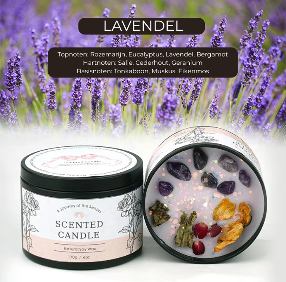 Luxe Geurkaars Lavendel – Sojawas Scented Candle 170g – Aromatherapie Kaars met Rozemarijn & Eucalyptus – Ontspannende Geur voor Woonkamer en Slaapkamer