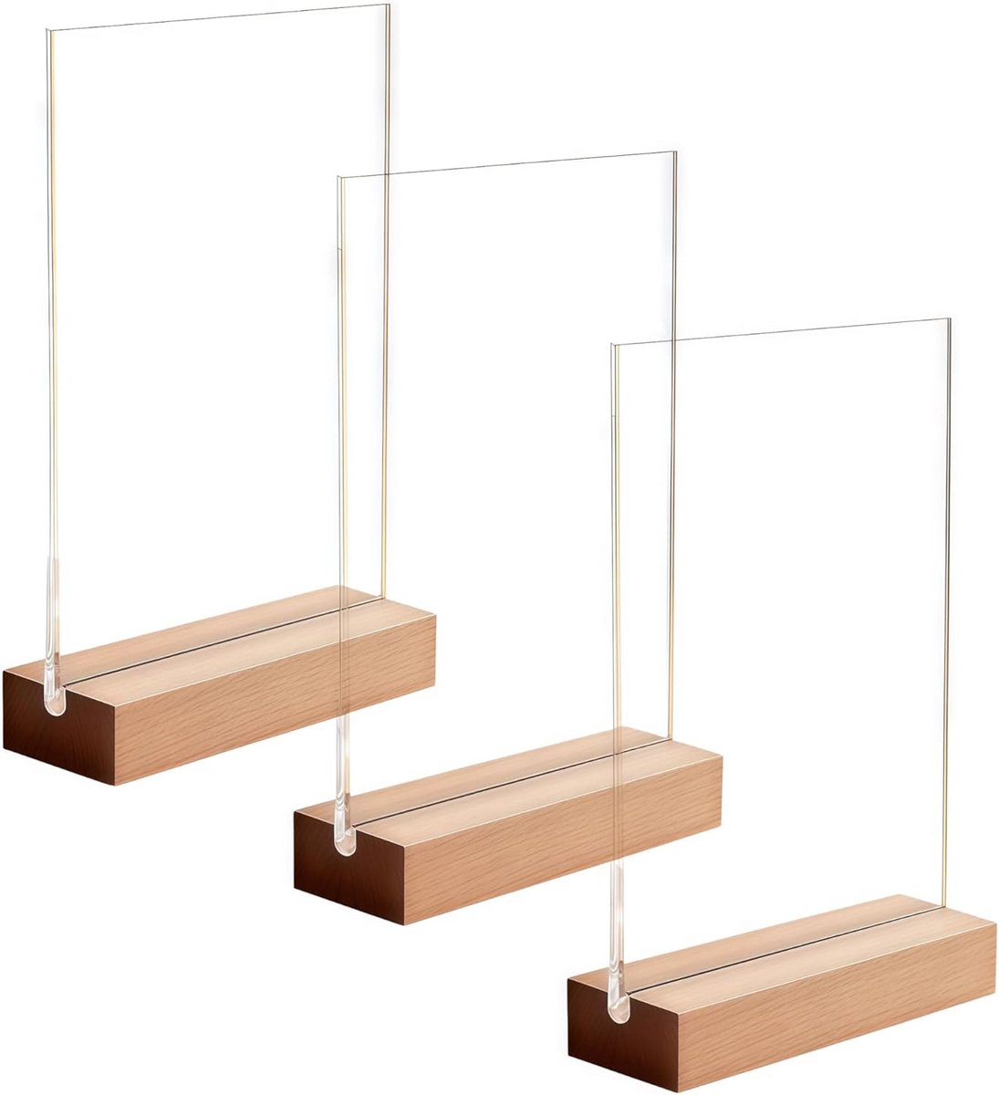 3x Tafelstandaard A6 Acryl met Houten Voet - Verticaal & Dubbelzijdig