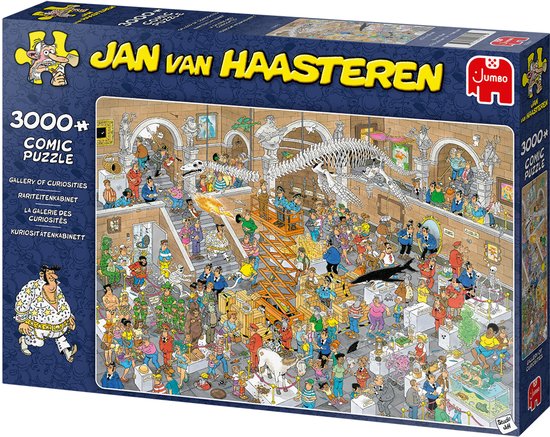 Een Jan van Haasteren 3000 stukjes puzzeldoos, 'Gallery of Curiosities', toont een levendige museumscène met veel figuren.