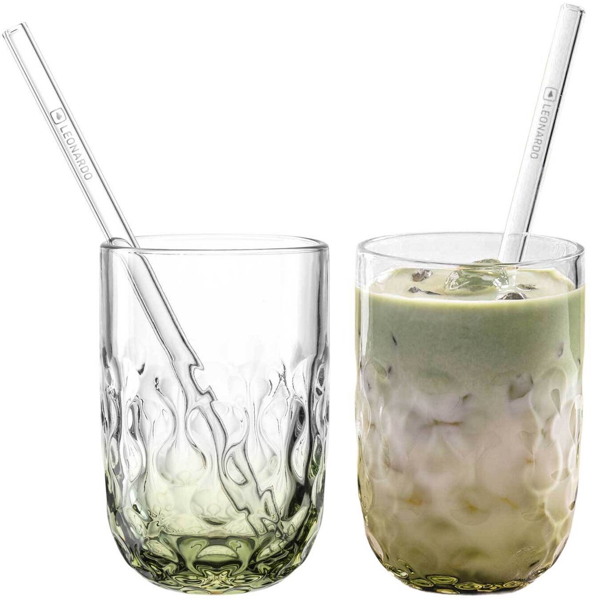 Matcha Latte Gläser mit Glastrinkhalm (2) Gocce 390 ml Set van 2