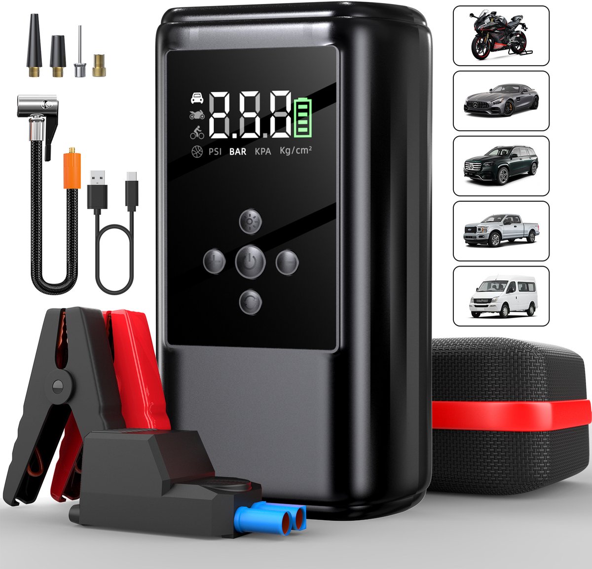 Jumalu Jumpstarter 600A met 150 PSI Luchtcompressor – 12V Auto Accu Booster – Powerbank 2.4A USB – LED & SOS – Compact Noodstarter