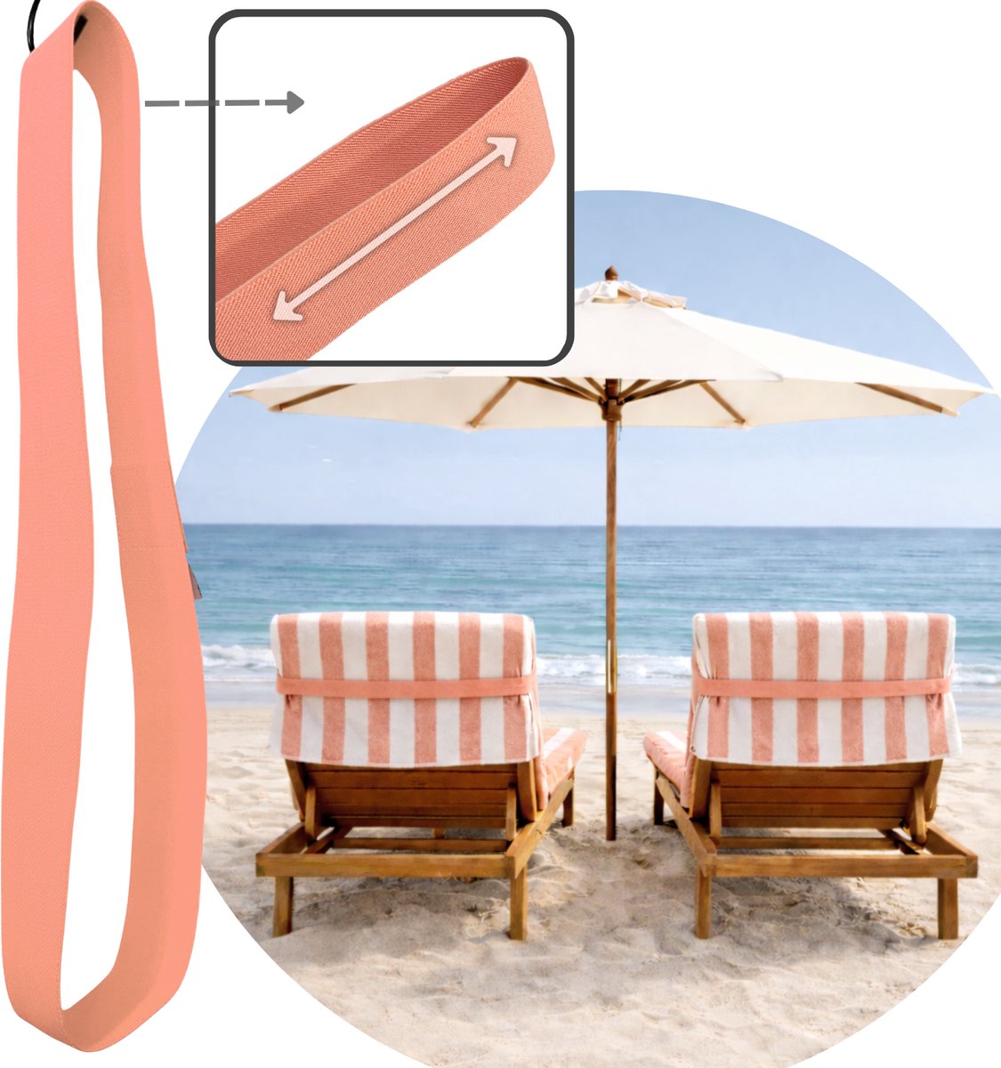 Hoya living - Strand handdoek Elastiek Band Ligbed - Zalm Roze - rekbaar 45-70 cm - strandbed elastiek - strandhanddoekbanden