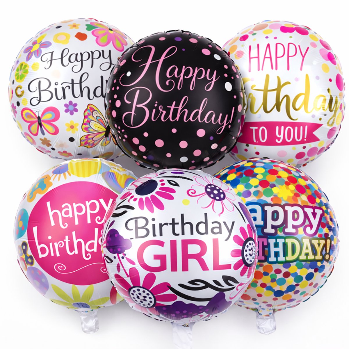 EasyMart 6x Folieballonnen Happy Birthday Meisjes – Roze – 18 inch – Helium & Lucht – Feestdecoratie Kinderfeest – Mix Designs