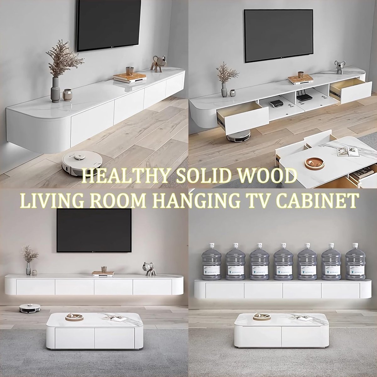 Tv-kast 140 cm Modern Wit – Hangend Lowboard van Massief Hout met Laden en Open Vakken – Ruimtebesparende Tv-Entertainment Wandkast voor Woonkamer, Slaapkamer of Kantoor – Pauwhome