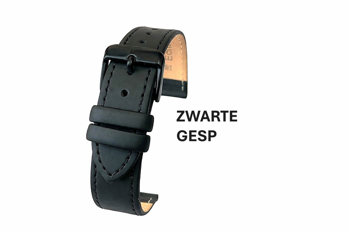 Horlogeband-horlogebandje-18mm-echt leer-zacht-mat-ZWART-zwart-zwarte gesp-leer- 18 mm