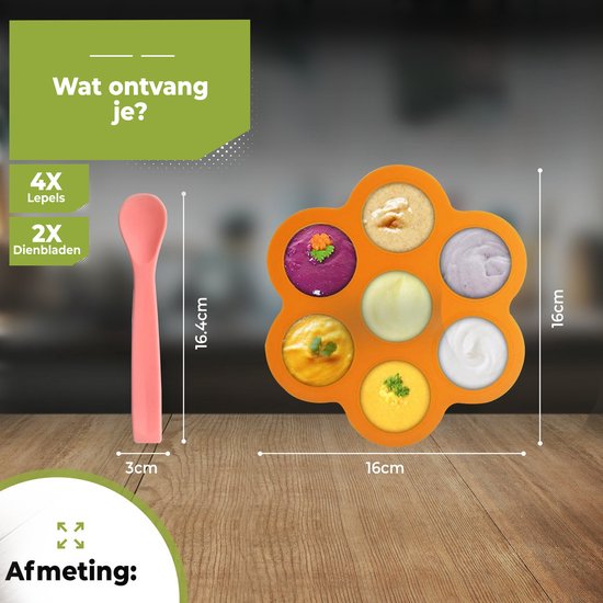 Oranje bloemvormige siliconen bakjes met 7 ronde vakjes, gevuld met babyvoeding. Inclusief roze lepel.