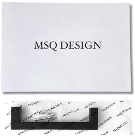 Zwarte MSQ DESIGN greep met schroeven in een witte verpakking.