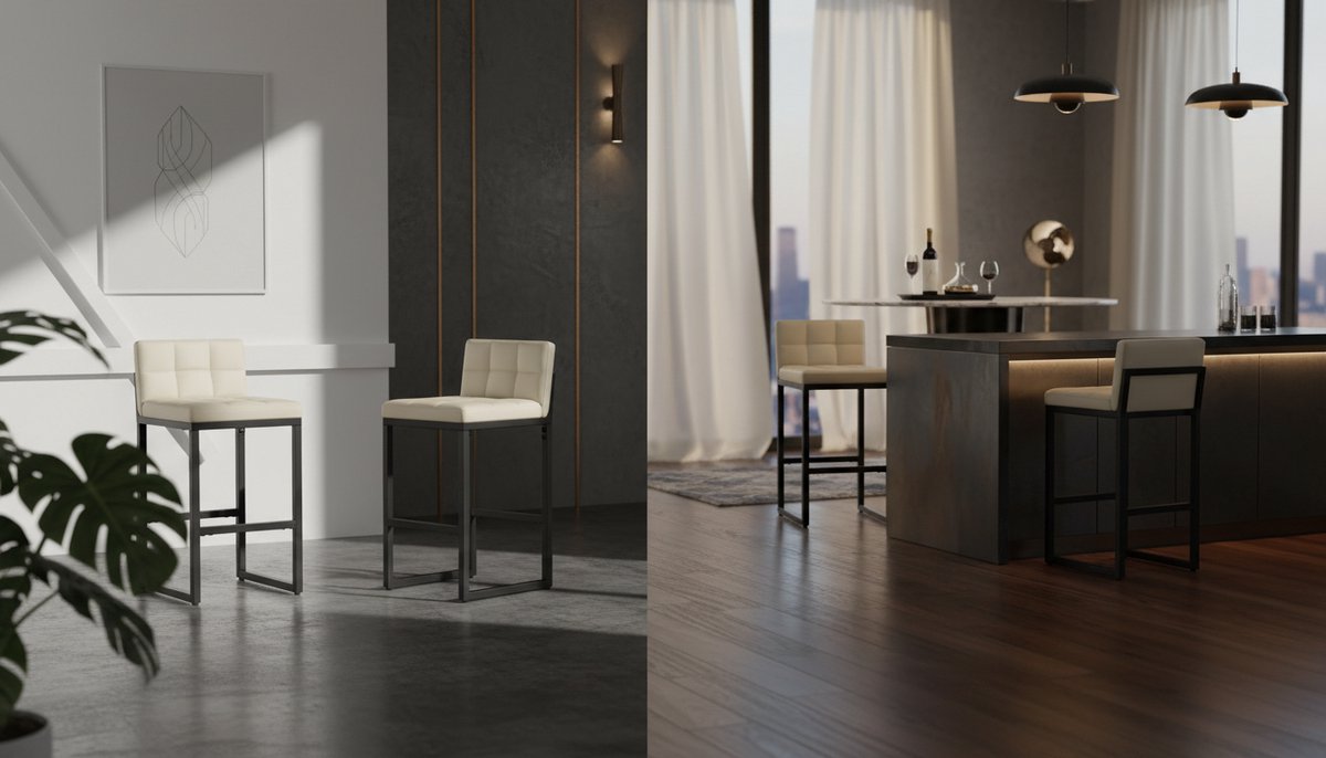 Barkruk met rugleuning set van 4 – Luxe barstoelen met stevig metalen frame en zachte kunstleren zitting – Beige keuken- en huisbarstoelen, ergonomisch en modern – House&Garden