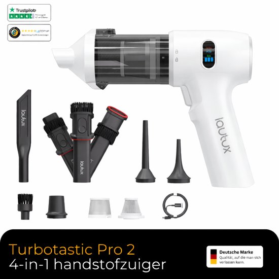 Lautux - Turbotastic Pro 2 - 4 in 1 Wit Handstofzuiger -Auto stofzuiger- 120 W - 18.000 Pa - tot 60 minuten gebruiksduur - HEPA-filter - LED-display - 4 in 1 opzetstukken-Starter Set- (auto, dierenharen, opblazen, leegzuigen/vacuüm) (parelwit)