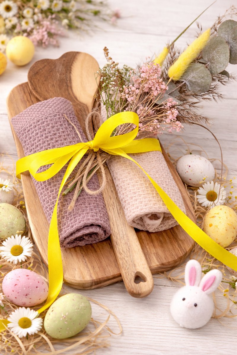 Houten Serveerplank Set met Lepel en Vaatdoeken – Acacia Hout – Duurzaam Keuken