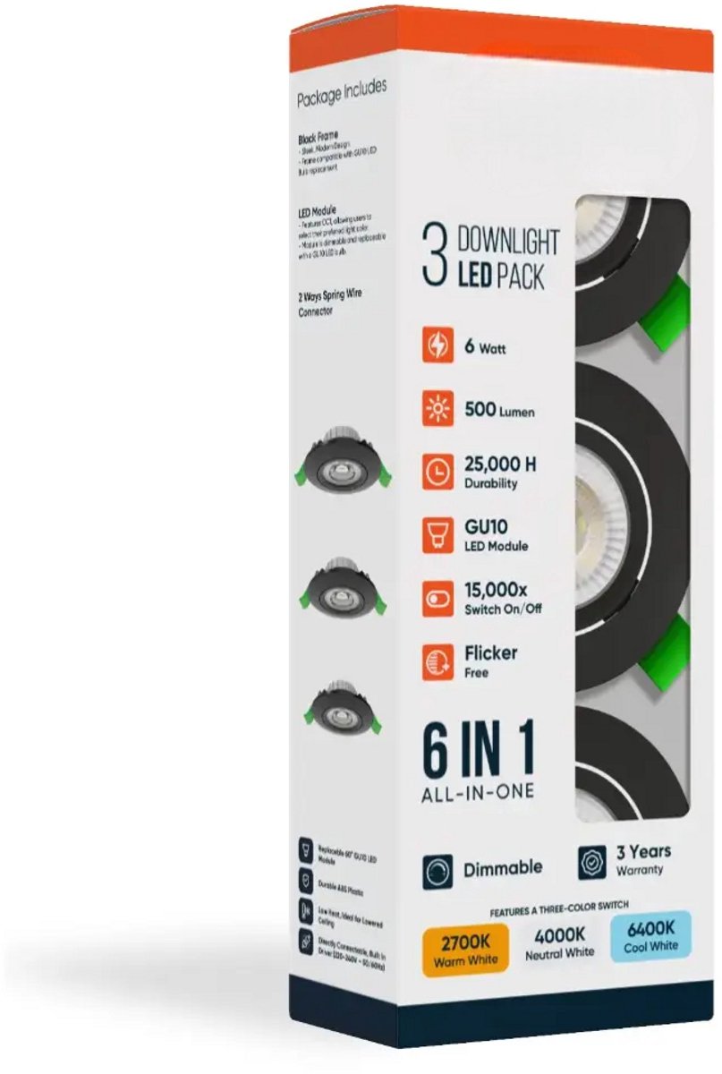 LDS - LED inbouwlamp - 6W - Aanpasbare Kleur CCT - 2700K/4000K/6400K - 500 Lumen - DIMBAAR - Rond - Mat Zwart - Buiten Diameter 85 mm - Set van 3 inbouwlamp - IP20 - Woonkamer - Keuken