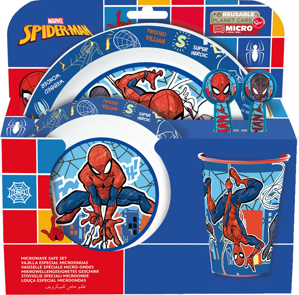Marvel's Spider-Man Kinderservies - 5-delig - Herbruikbaar - Inclusief bord, kom, bestek en beker - Vaatwasser- en microgolfbestendig & BPA-vrij - Wit/Blauw/Rood