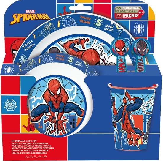 Marvel's Spider-Man Kinderservies - 5-delig - Herbruikbaar - Inclusief bord, kom, bestek en beker - Vaatwasser- en microgolfbestendig & BPA-vrij - Wit/Blauw/Rood