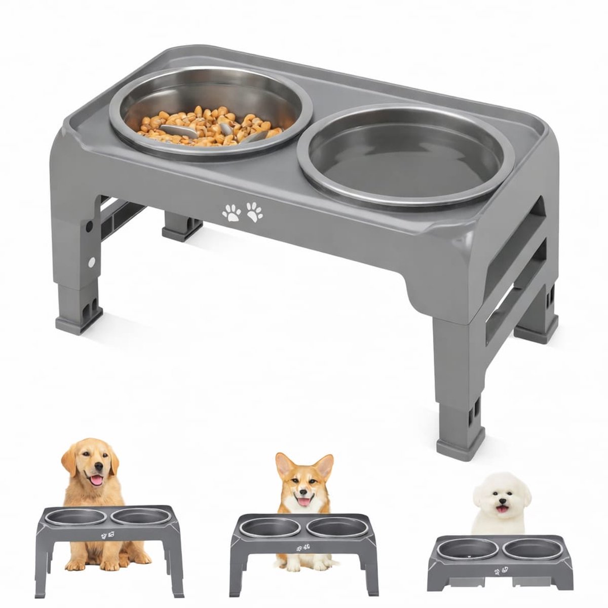 In hoogte verstelbare dubbele voerbak Antischrok - Ergonomisch - Inklapbaar - Voor kleine honden en katten - hondenvoer-& drinkbakken - voerbak hond - slow feeder - verhoogde voerbak hond - voerbak kat - Anti schrokbak - antischrokbak