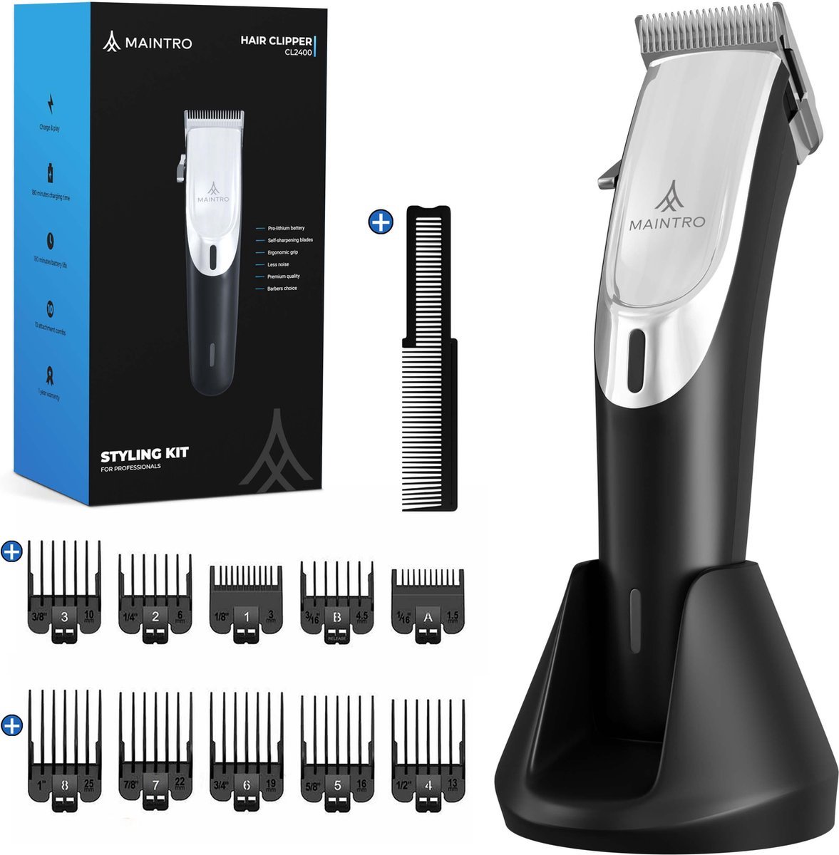Maintro CL2400 Pro Tondeuse Mannen - Tondeuse - Trimmer - Draadloos - Fade Blade - Complete Set - Barber