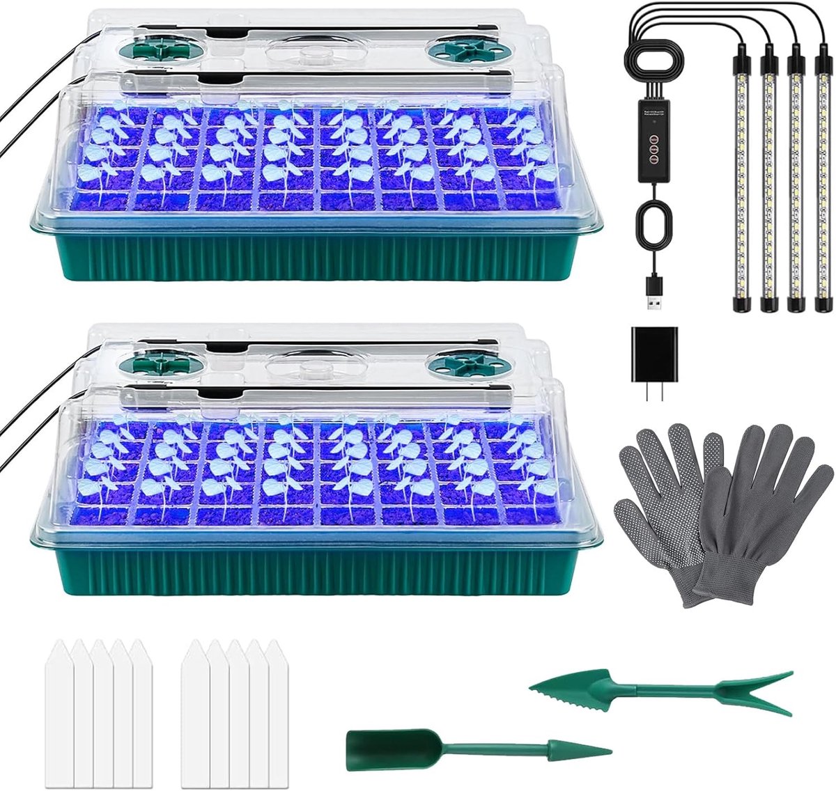 Famanu –Kweekkas, kweekbak, 2 stuks 80 cellen zaailingen starters trays, startertrays met groeilicht, met plantenlamp, handschoenen, etiketten, klein tuingereedschap, voor zaailingplant.
