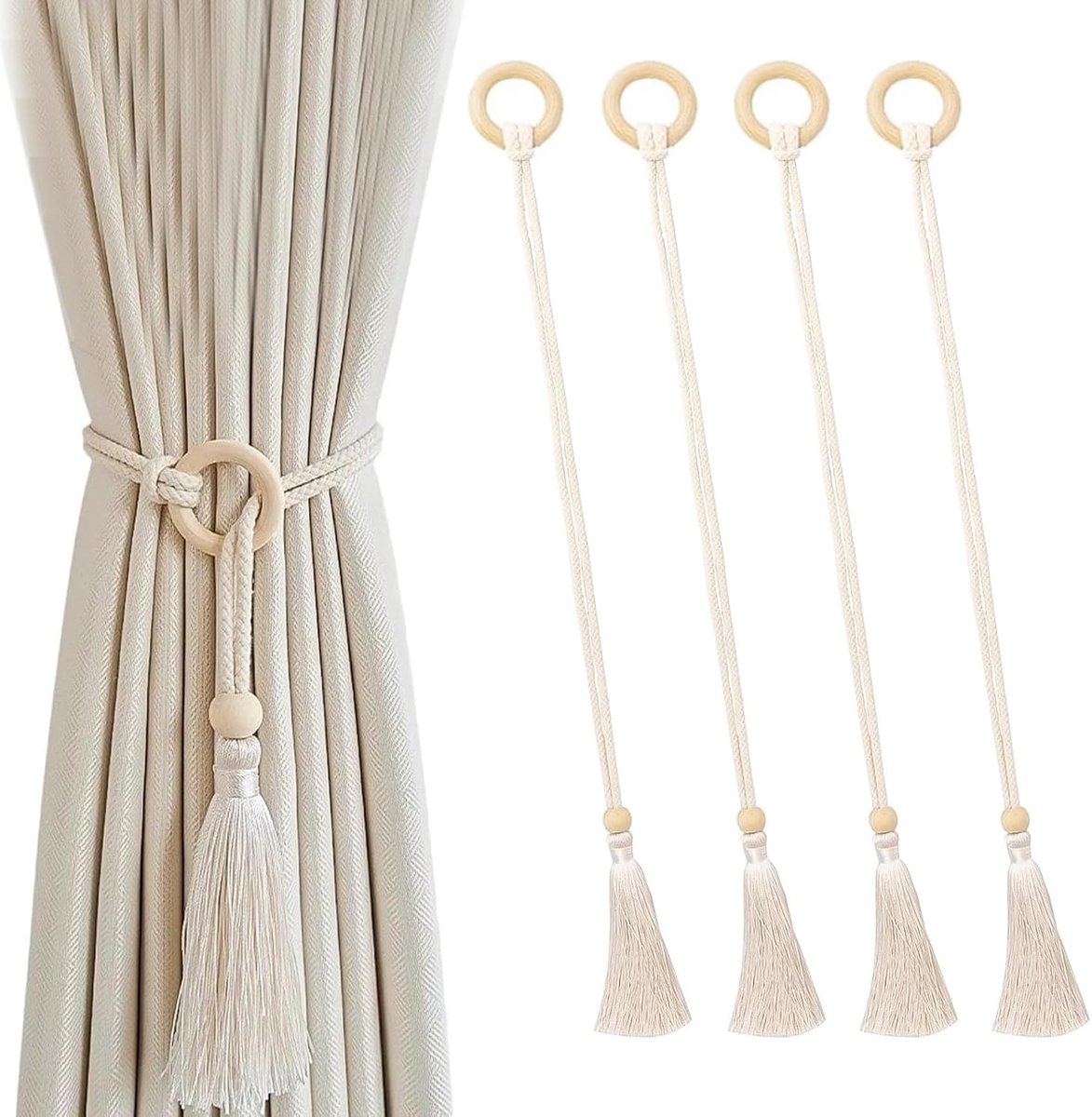 Famanu – 4 stuks gordijngordijnhouders 73 cm - embrasses voor gordijnen beige - gordijnhouder met houten ring en kwast - geschikt voor woonkamer - badkamer - slaapkamer